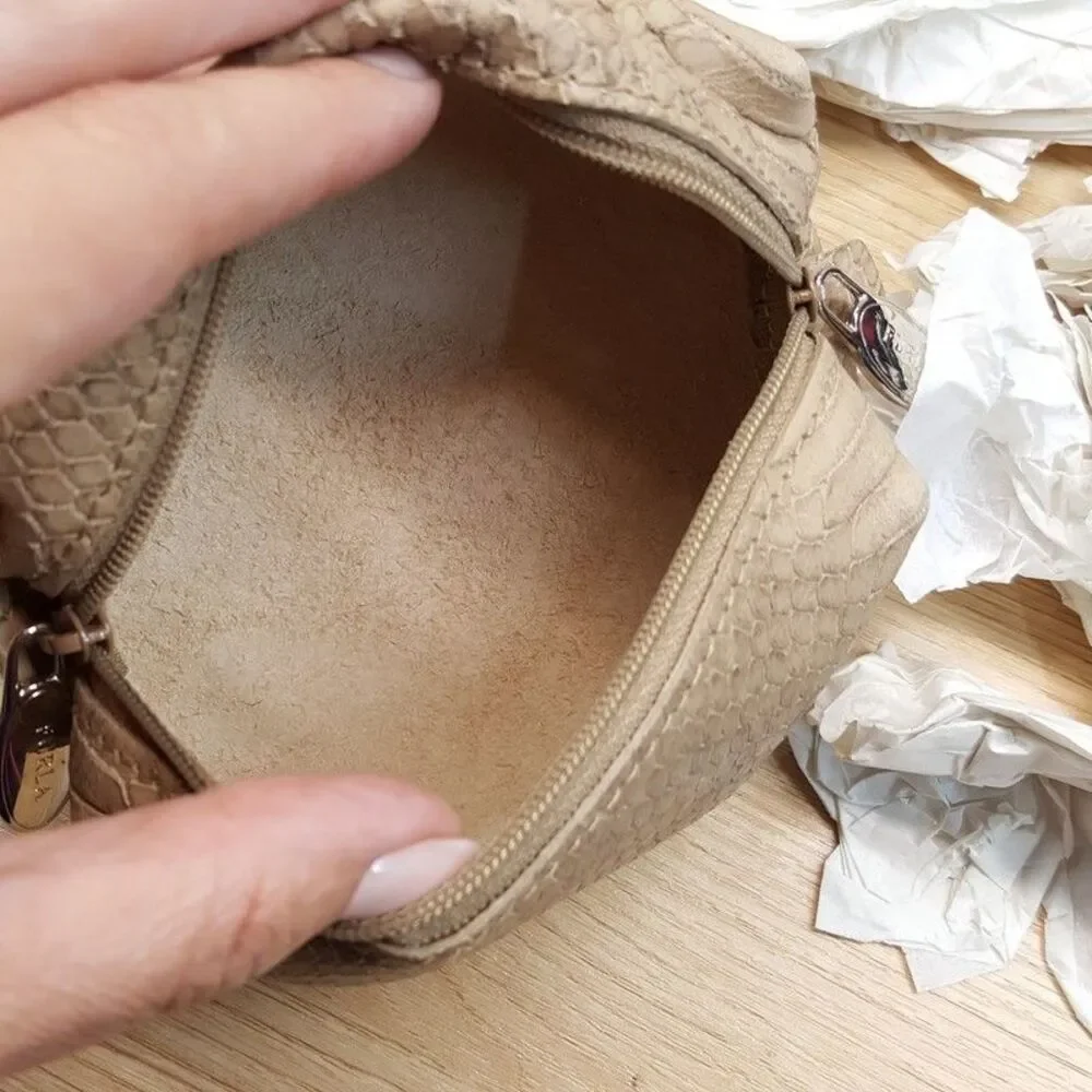FURLA Small Leather Cosmetic Makeup Bag Taupe Snakeskin Embossed Zip Pouch